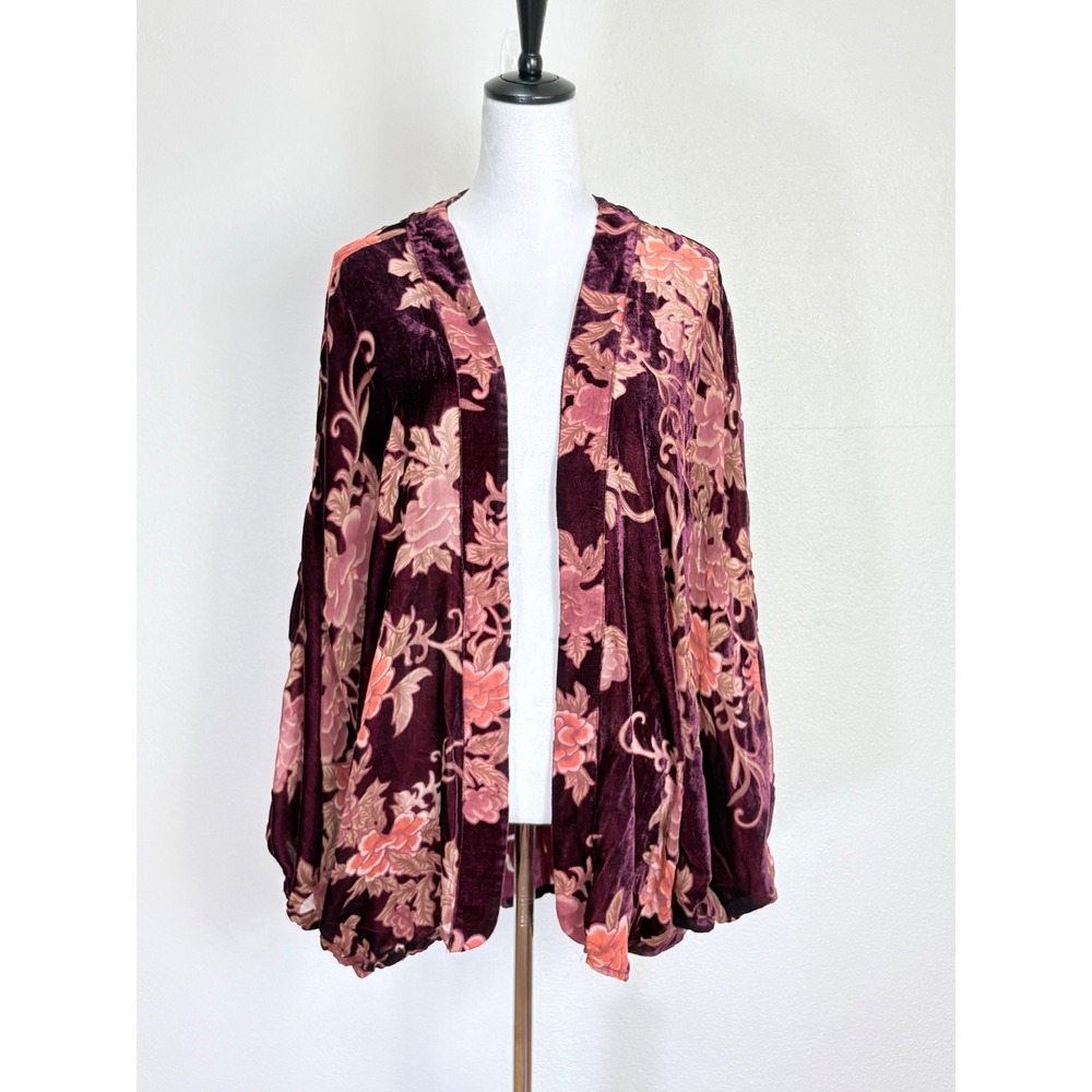 Dark Burgundy Velvet Burnout Lightweight Dolman Sleeve Shawl Cardigan Size 2X